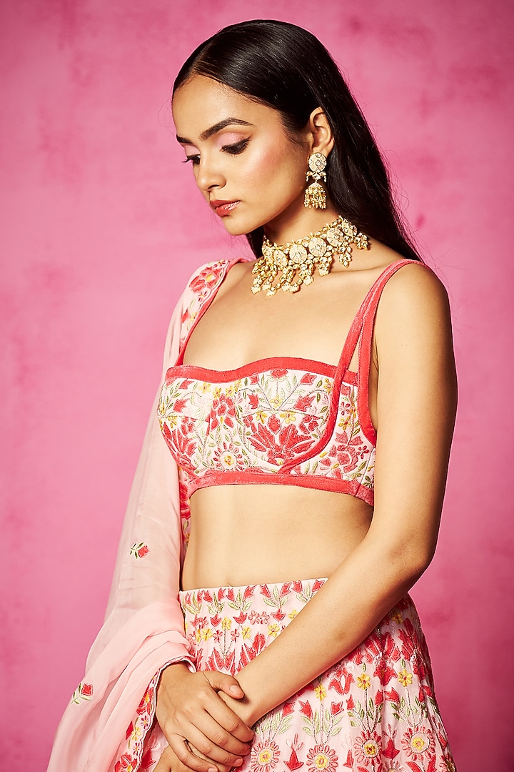 Light Pink Organza Embroidered Wedding Lehenga Set by Neha Gursahani at Pernia's Pop Up Shop