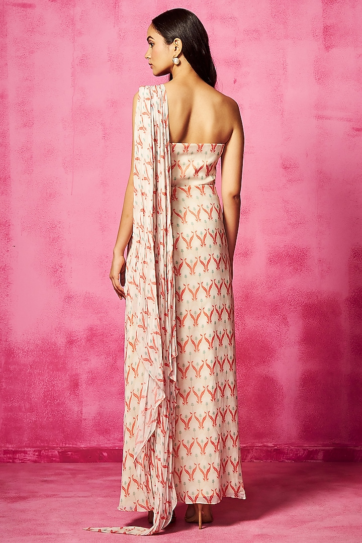 Multi-Colored Georgette Printed Pre-Draped Party Wear Gown Saree by Neha Gursahani at Pernia's Pop Up Shop