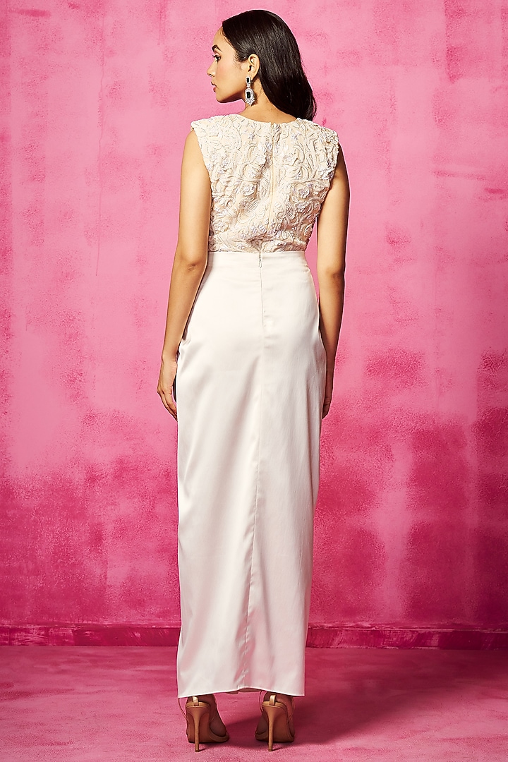 Off-White Stretch Satin Pre-Draped Skirt Set by Neha Gursahani at Pernia's Pop Up Shop