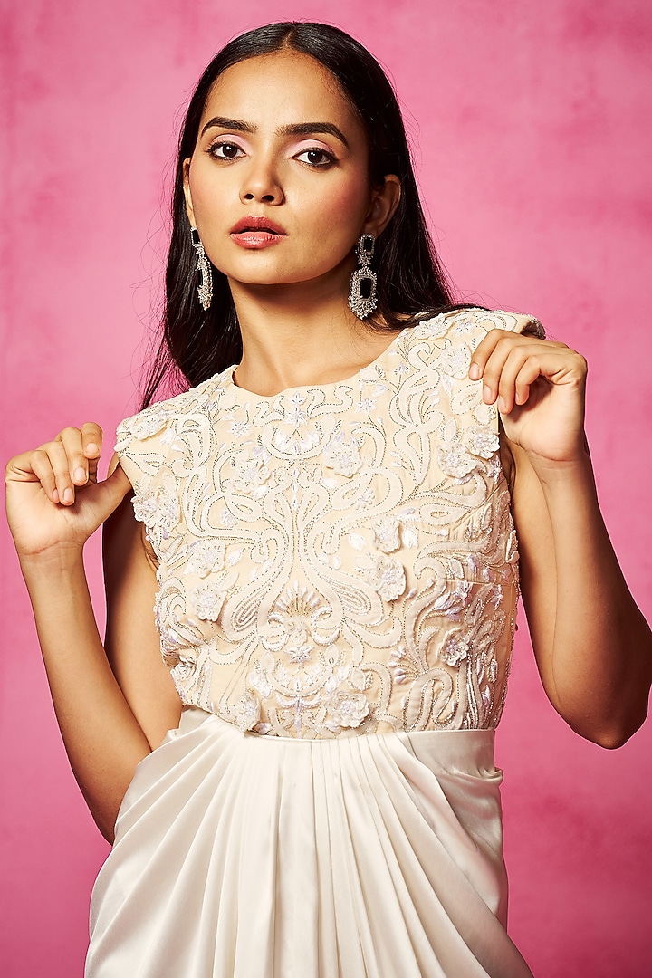 Off-White Stretch Satin Pre-Draped Skirt Set by Neha Gursahani at Pernia's Pop Up Shop