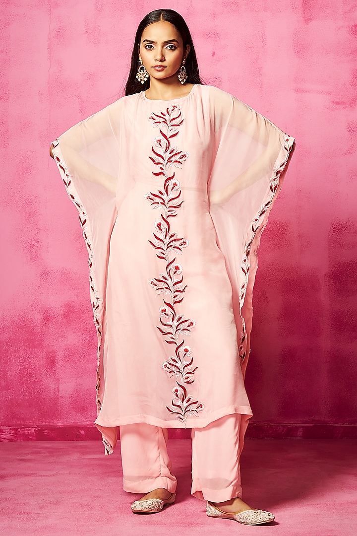 Baby Pink Organza Patchwork & Sequins Embroidered Kaftan Set by Neha Gursahani