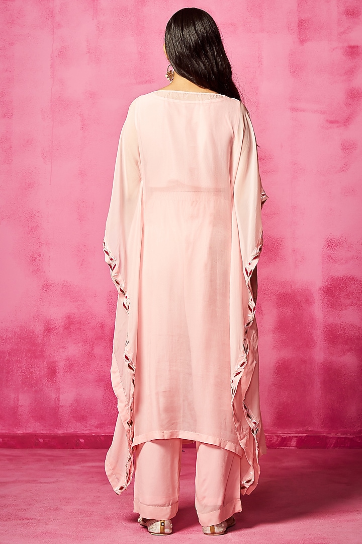 Baby Pink Organza Patchwork & Sequins Embroidered Kaftan Set by Neha Gursahani at Pernia's Pop Up Shop