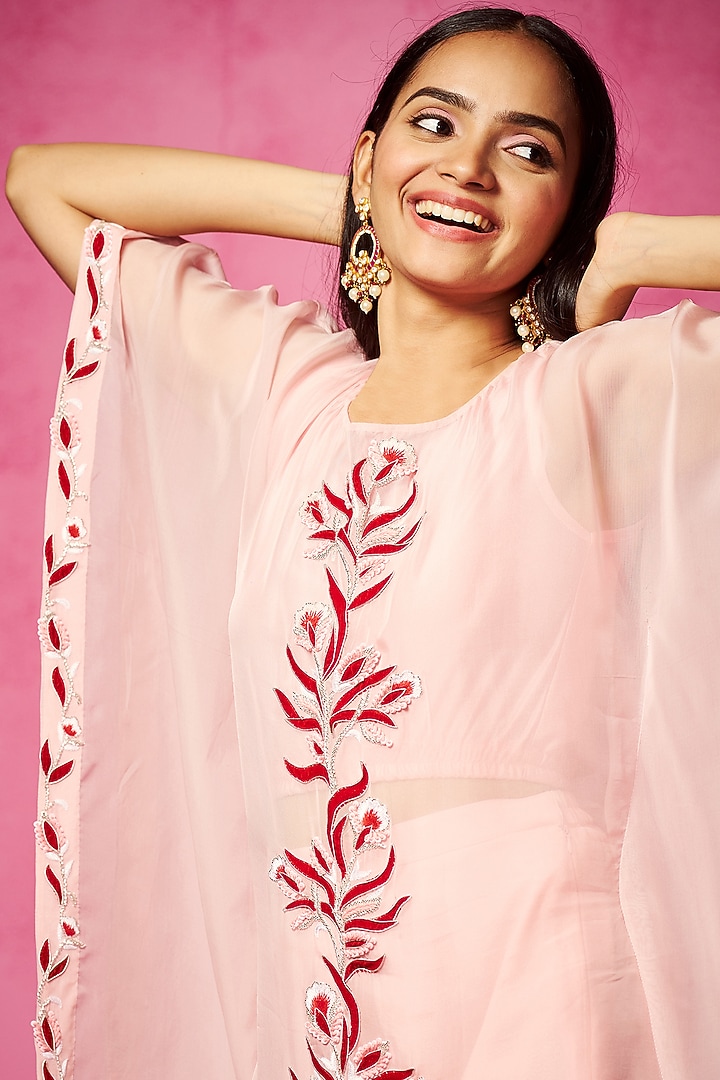 Baby Pink Organza Patchwork & Sequins Embroidered Kaftan Set by Neha Gursahani at Pernia's Pop Up Shop