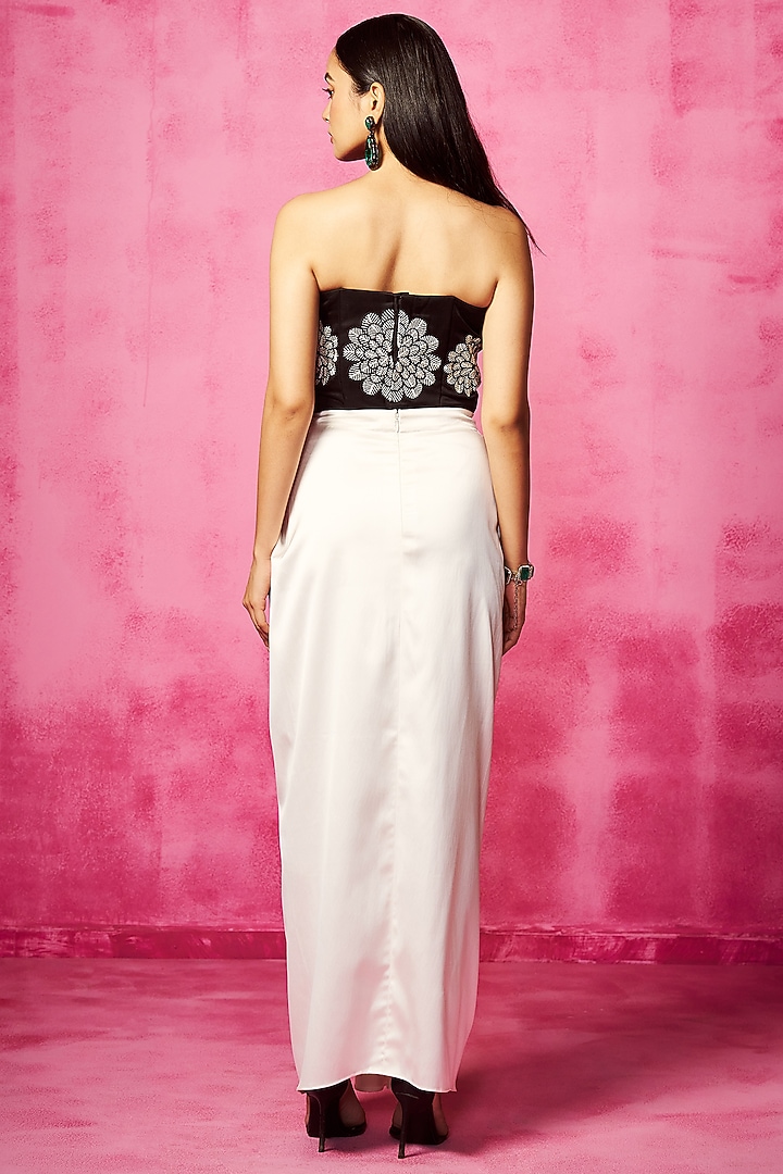 Off-White Stretch Satin Pre-Draped Skirt Set by Neha Gursahani at Pernia's Pop Up Shop