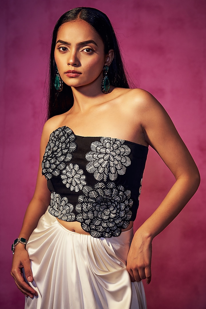 Off-White Stretch Satin Pre-Draped Skirt Set by Neha Gursahani at Pernia's Pop Up Shop