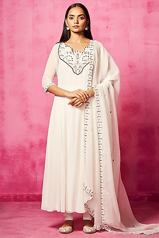 Ivory Georgette Embroidered Kalidar Kurta Set by Neha Gursahani