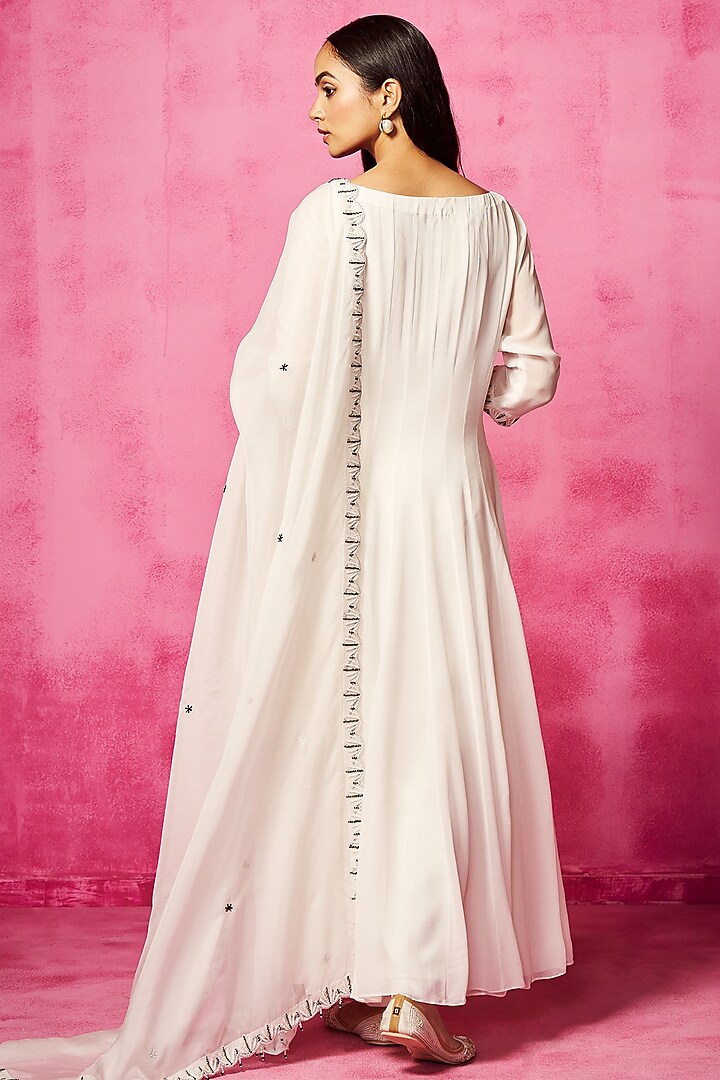 Ivory Georgette Embroidered Kalidar Kurta Set by Neha Gursahani at Pernia's Pop Up Shop