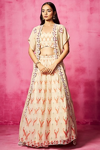 Ivory Georgette Printed Jacket Lehenga Set by Neha Gursahani