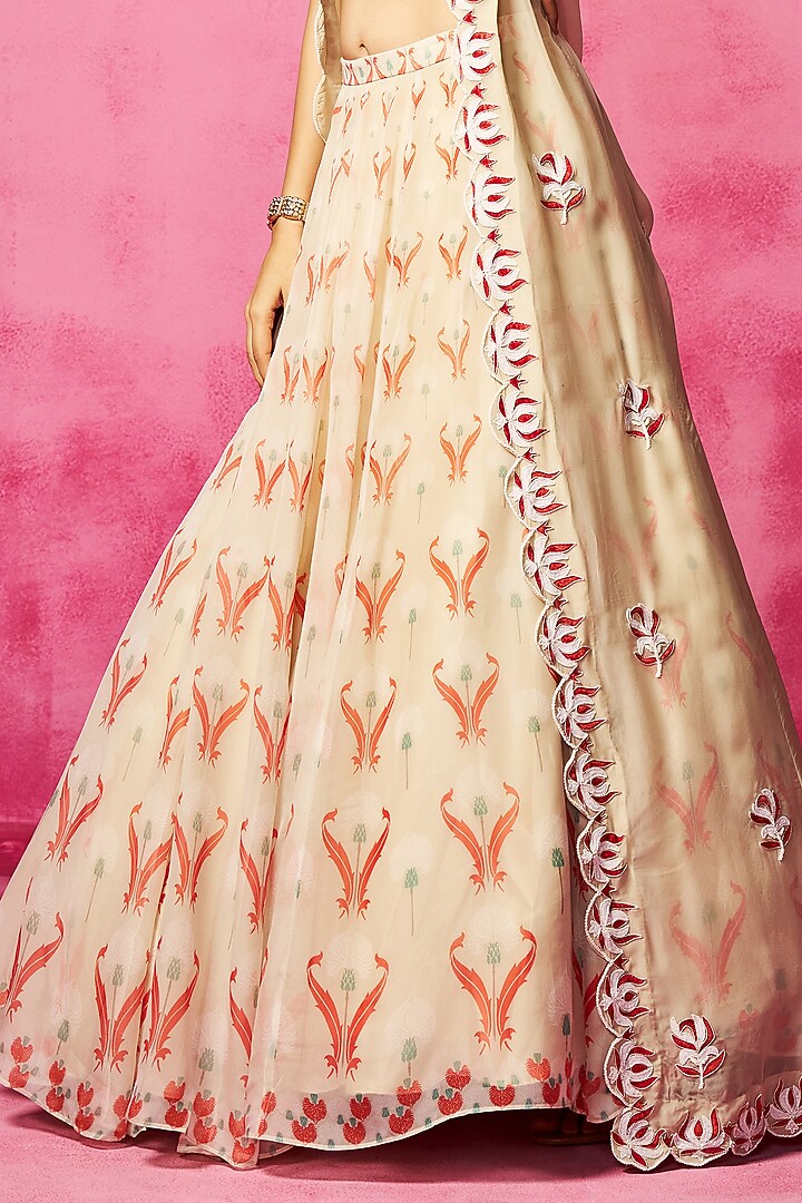 Ivory Georgette Printed Jacket Wedding Lehenga Set by Neha Gursahani at Pernia's Pop Up Shop
