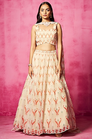 Ivory Georgette Printed Lehenga Set by Neha Gursahani