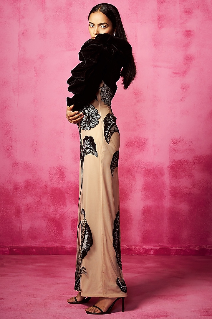 Nude & Black Tulle Floral Embroidered Engagement Gown With Shrug by Neha Gursahani at Pernia's Pop Up Shop