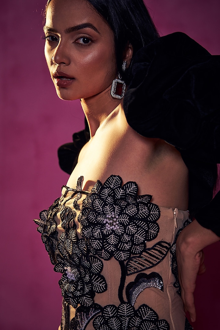 Nude & Black Tulle Floral Embroidered Engagement Gown With Shrug by Neha Gursahani at Pernia's Pop Up Shop