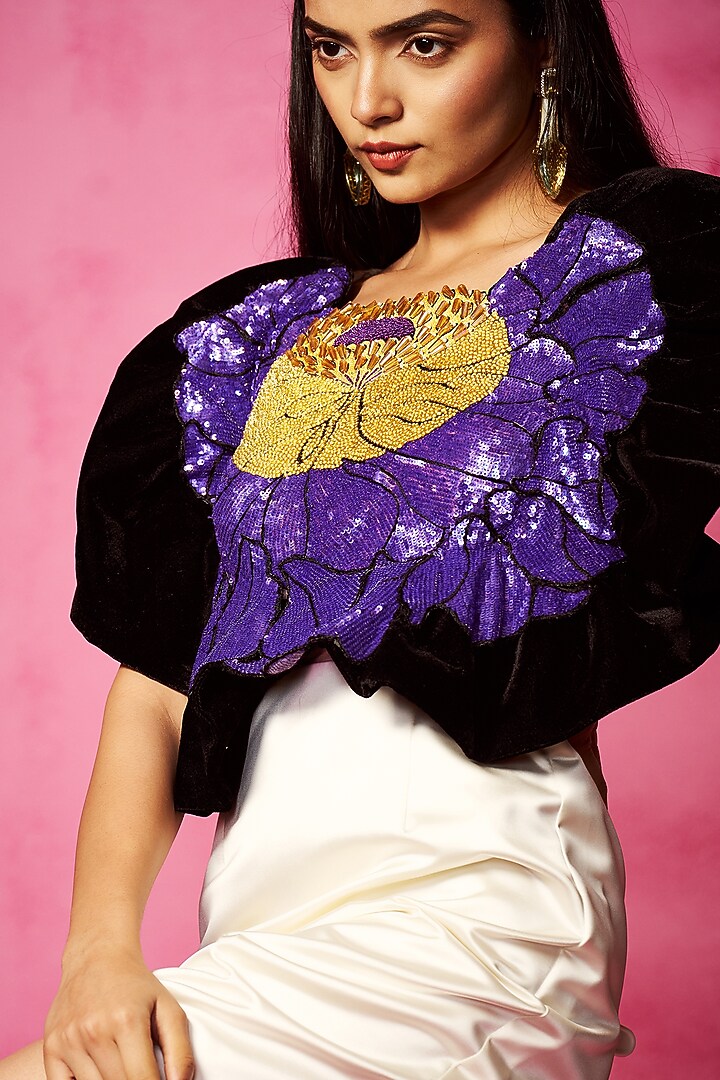 Multi-Colored Tulle & Velvet Floral Embroidered Cocktail Dress by Neha Gursahani at Pernia's Pop Up Shop