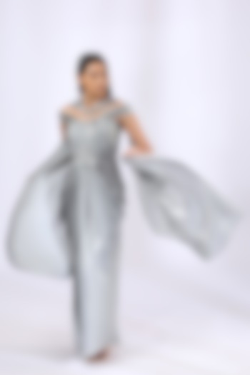 Metallic Grey Pleated & Draped Gown by Neha Gursahani
