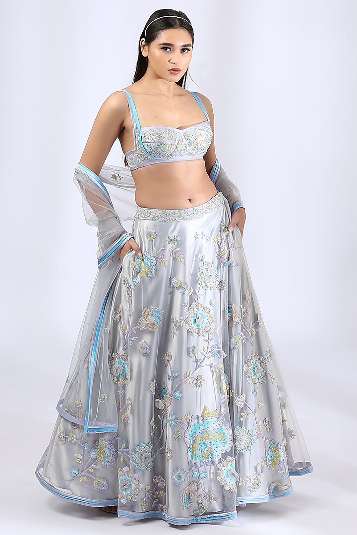 Steel Grey Embroidered Wedding Lehenga Set by Neha Gursahani at Pernia's Pop Up Shop