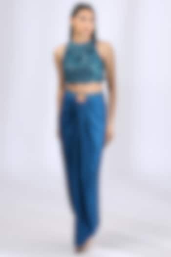 Peacock Blue Satin Draped Skirt Set by Neha Gursahani