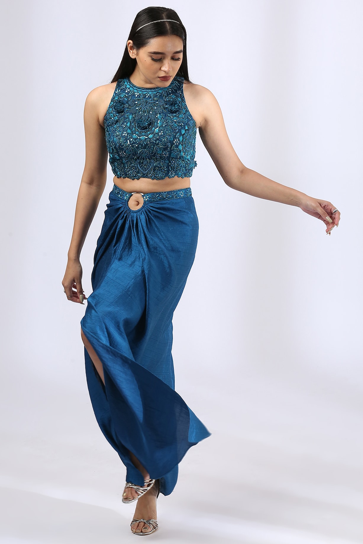 Peacock Blue Satin Draped Skirt Set Design by Neha Gursahani at