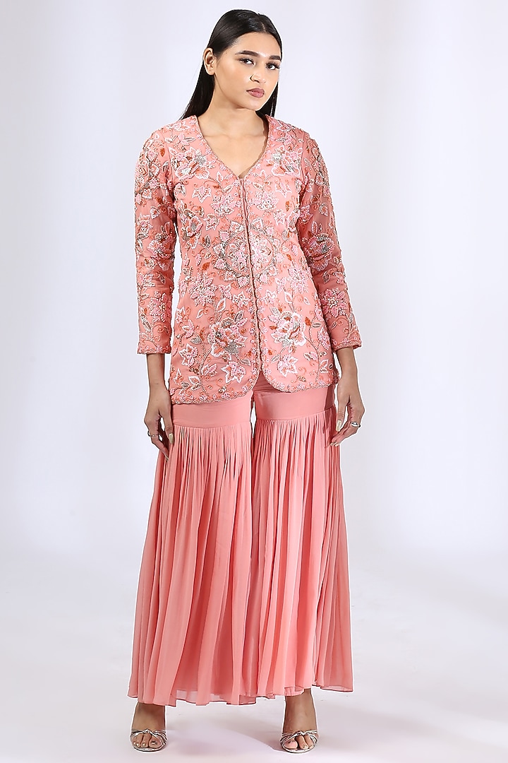 Peach Embroidered Jacket Set by Neha Gursahani at Pernia's Pop Up Shop