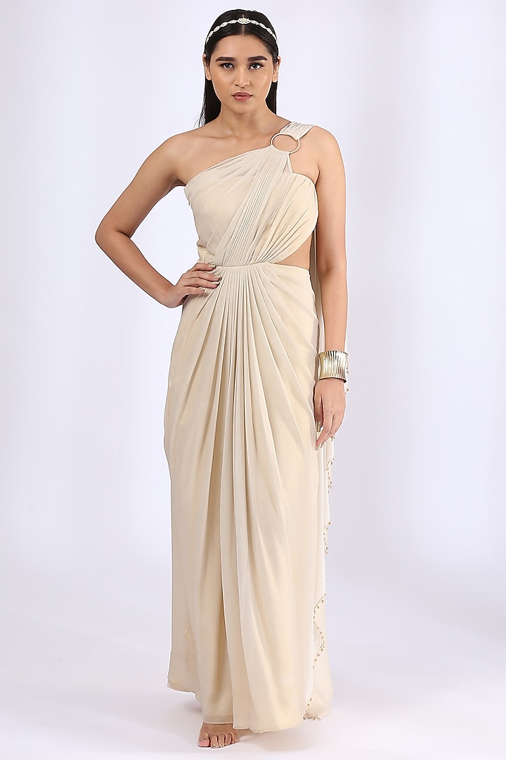 Ivory & Gold Shimmer Georgette Draped Saree Gown by Neha Gursahani