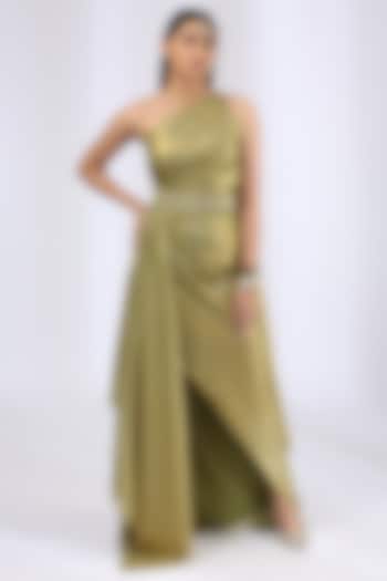 Olive Green Foil Georgette Pre-Draped Saree Gown by Neha Gursahani