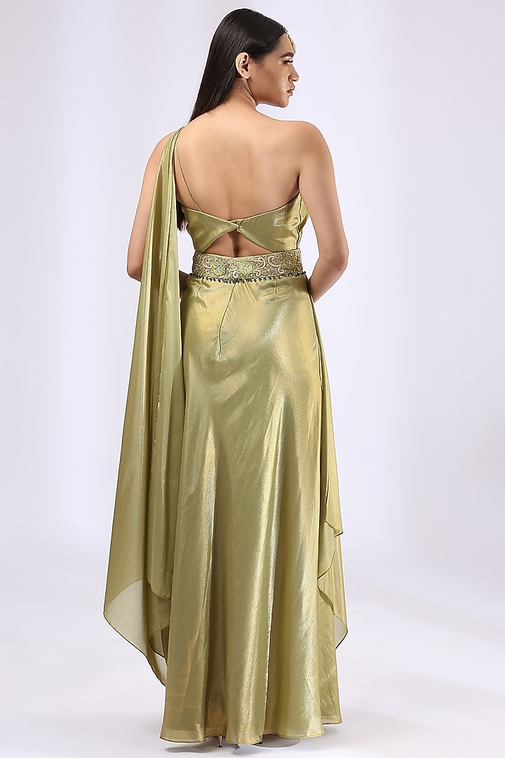 Olive Green Foil Georgette Pre-Draped Wedding Saree Gown by Neha Gursahani at Pernia's Pop Up Shop