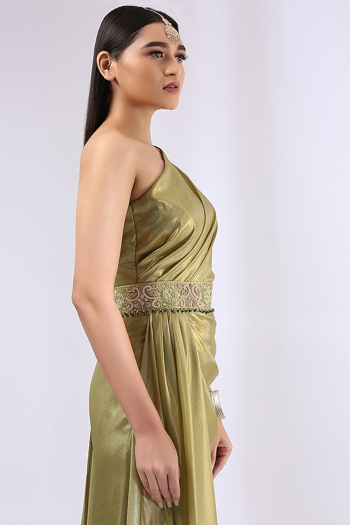 Olive Green Foil Georgette Pre-Draped Wedding Saree Gown by Neha Gursahani at Pernia's Pop Up Shop