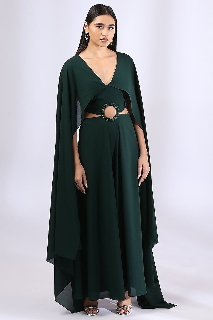 Dark Green Double Georgette Jumpsuit by Neha Gursahani