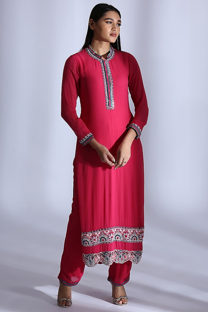 Rani Pink Embroidered Kurta Set by Neha Gursahani at Pernia's Pop Up Shop