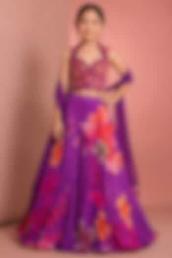Purple Viscose Organza Floral Printed & Hand Embellished Lehenga Set For Girls by Neha Khullar Kids at Pernia's Pop Up Shop