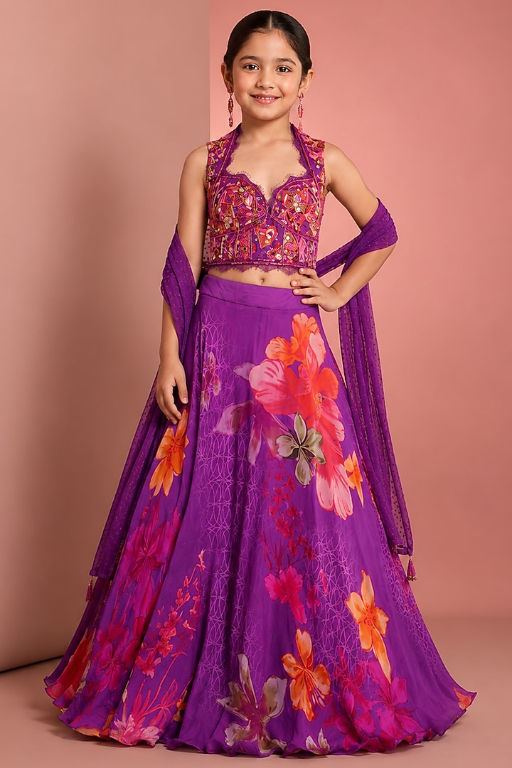Purple Viscose Organza Floral Printed & Hand Embellished Lehenga Set For Girls by Neha Khullar Kids at Pernia's Pop Up Shop