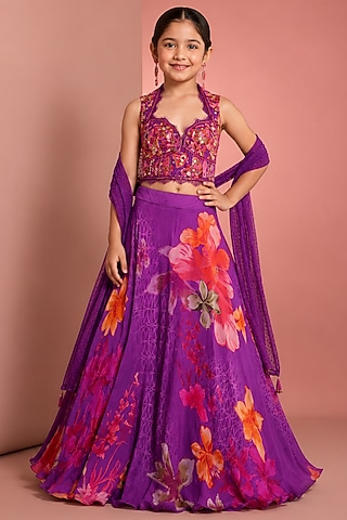 Purple Viscose Organza Floral Printed & Hand Embellished Lehenga Set For Girls by Neha Khullar Kids