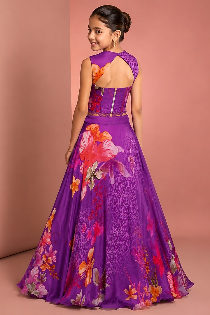 Purple Viscose Organza Floral Printed & Hand Embellished Lehenga Set For Girls by Neha Khullar Kids at Pernia's Pop Up Shop
