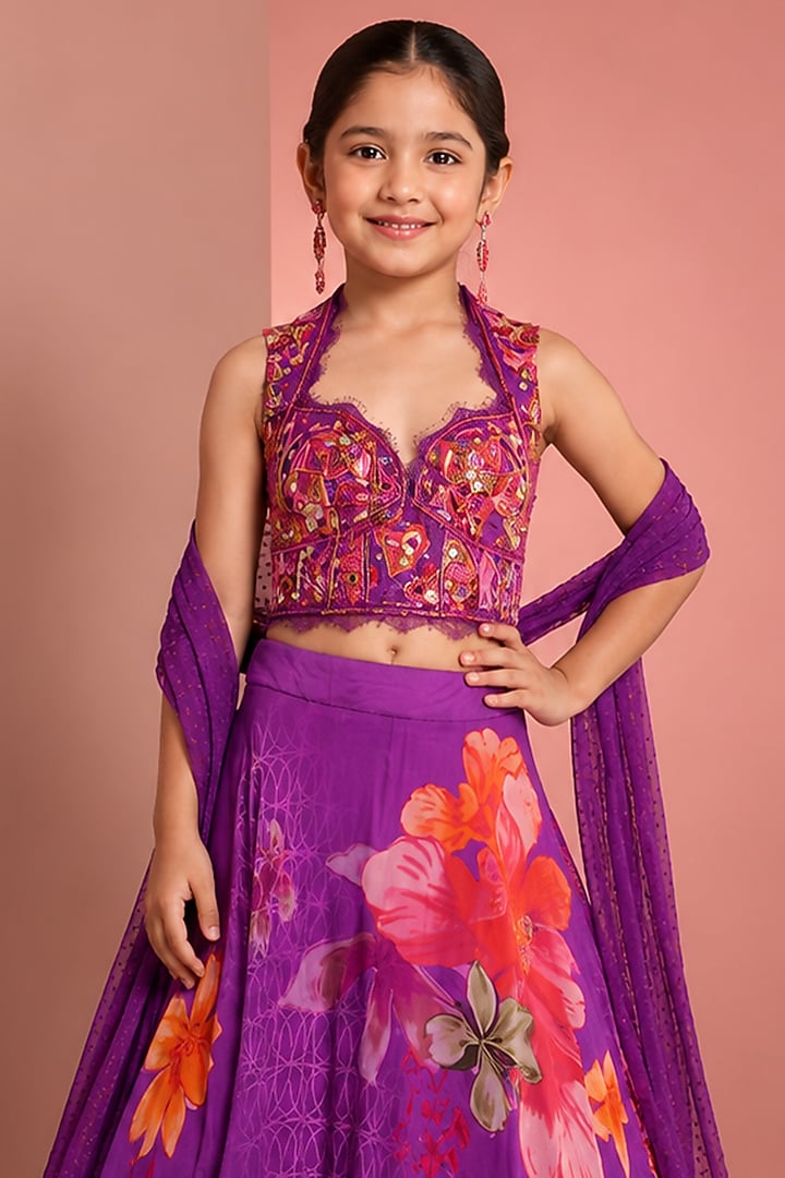 Purple Viscose Organza Floral Printed & Hand Embellished Lehenga Set For Girls by Neha Khullar Kids at Pernia's Pop Up Shop