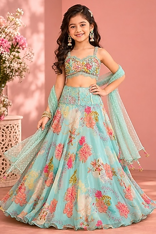 Sky Blue Organza Floral Printed & Mirror Embroidered Lehenga Set For Girls by Neha Khullar Kids