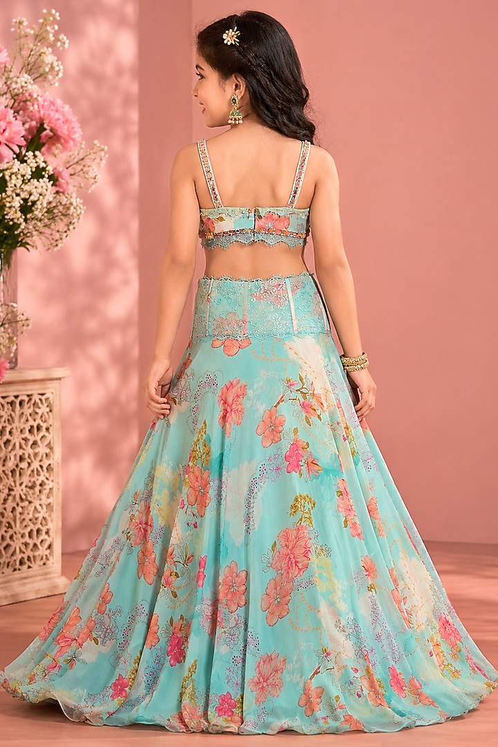 Sky Blue Organza Floral Printed & Mirror Embroidered Lehenga Set For Girls by Neha Khullar Kids at Pernia's Pop Up Shop
