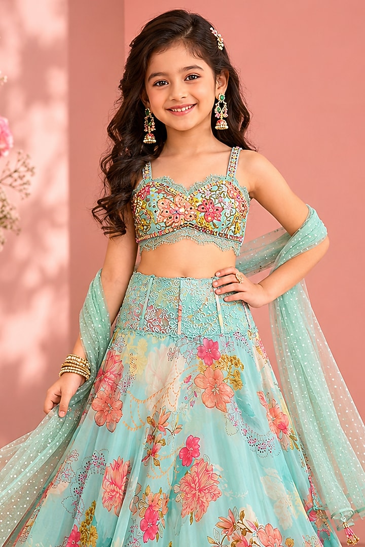 Sky Blue Organza Floral Printed & Mirror Embroidered Lehenga Set For Girls by Neha Khullar Kids at Pernia's Pop Up Shop