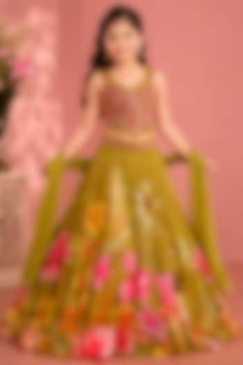 Green Organza Floral Printed & Sequins Embellished Lehenga Set For Girls by Neha Khullar Kids at Pernia's Pop Up Shop