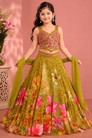 Green Organza Floral Printed & Sequins Embellished Lehenga Set For Girls by Neha Khullar Kids