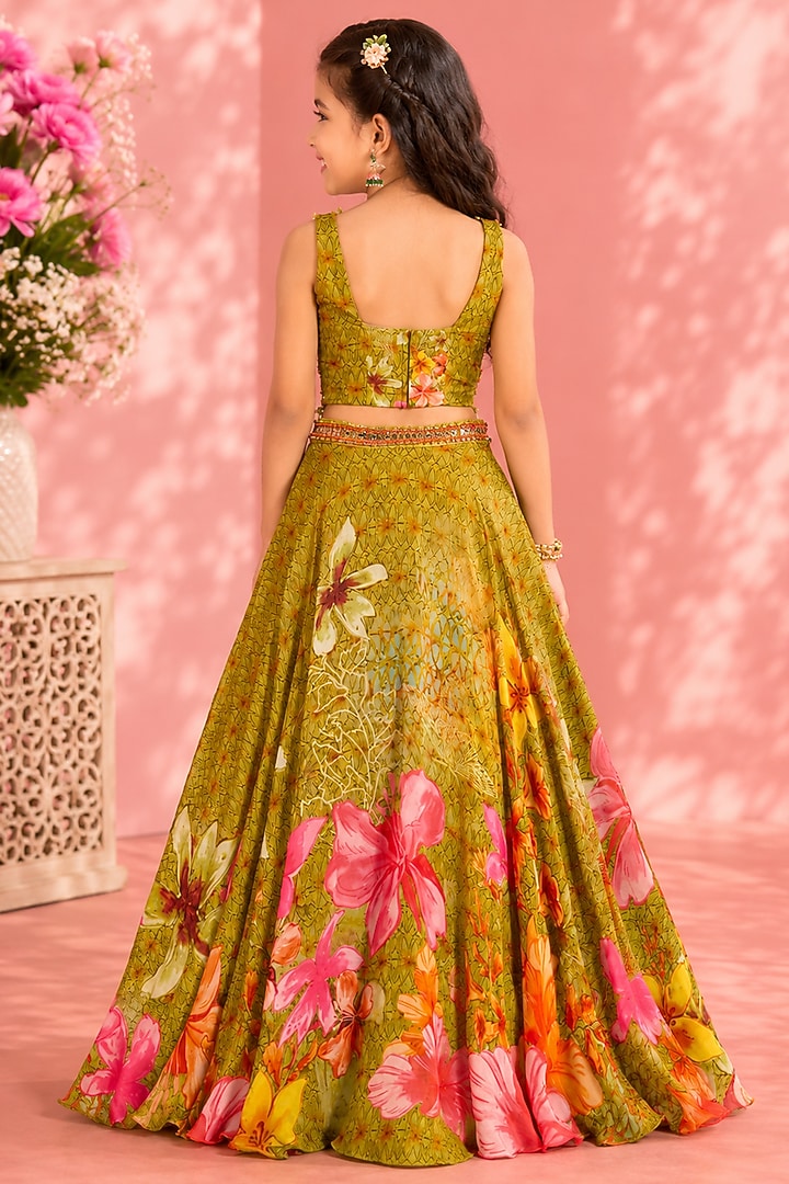 Green Organza Floral Printed & Sequins Embellished Lehenga Set For Girls by Neha Khullar Kids at Pernia's Pop Up Shop
