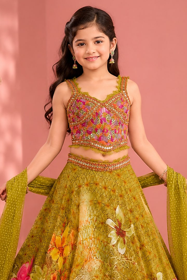 Green Organza Floral Printed & Sequins Embellished Lehenga Set For Girls by Neha Khullar Kids at Pernia's Pop Up Shop