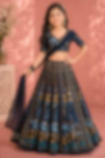 Blue Silk & Net Hand Embroidered Lehenga Set For Girls by Neha Khullar Kids at Pernia's Pop Up Shop