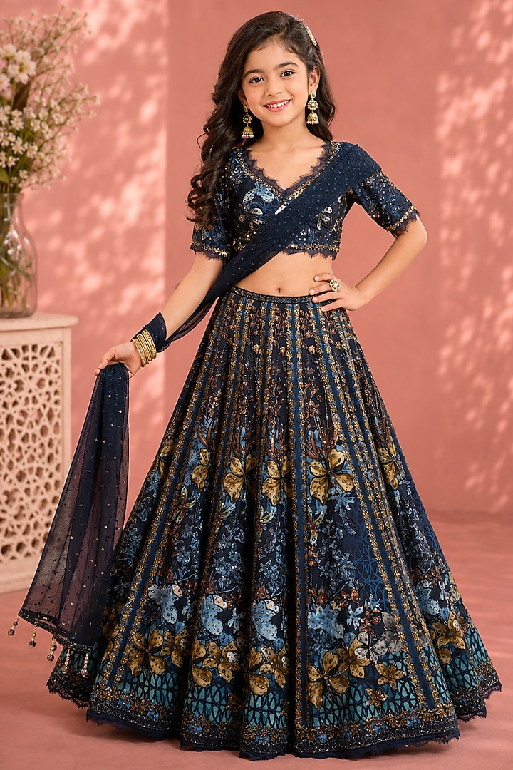 Blue Silk & Net Hand Embroidered Lehenga Set For Girls by Neha Khullar Kids at Pernia's Pop Up Shop