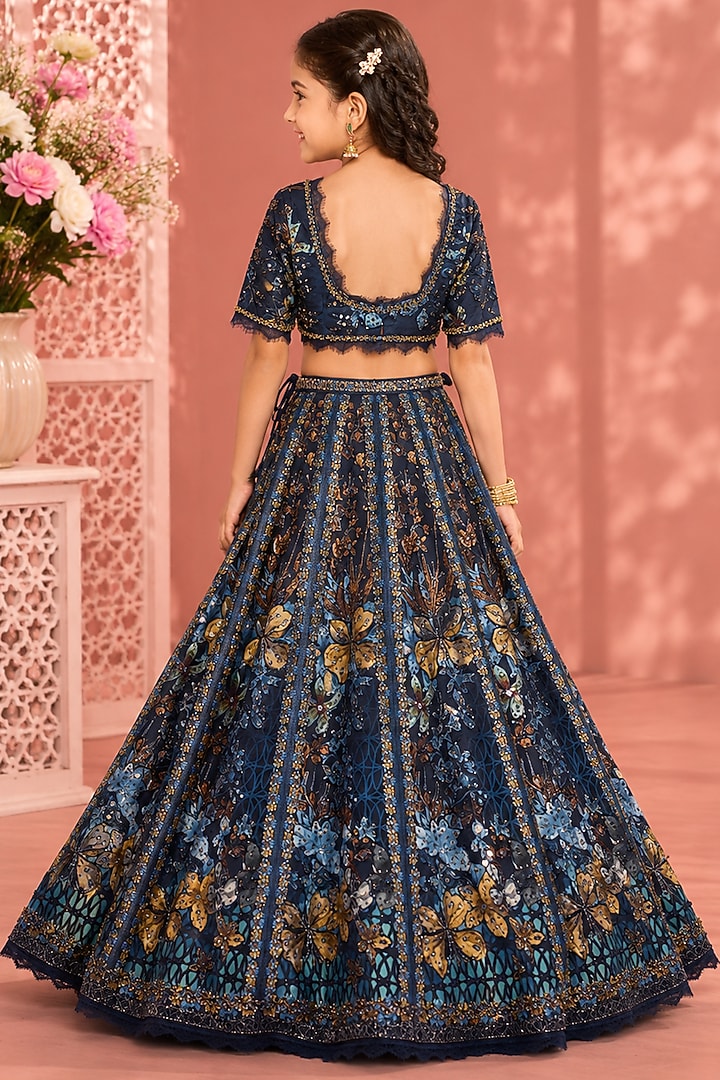 Blue Silk & Net Hand Embroidered Lehenga Set For Girls by Neha Khullar Kids at Pernia's Pop Up Shop