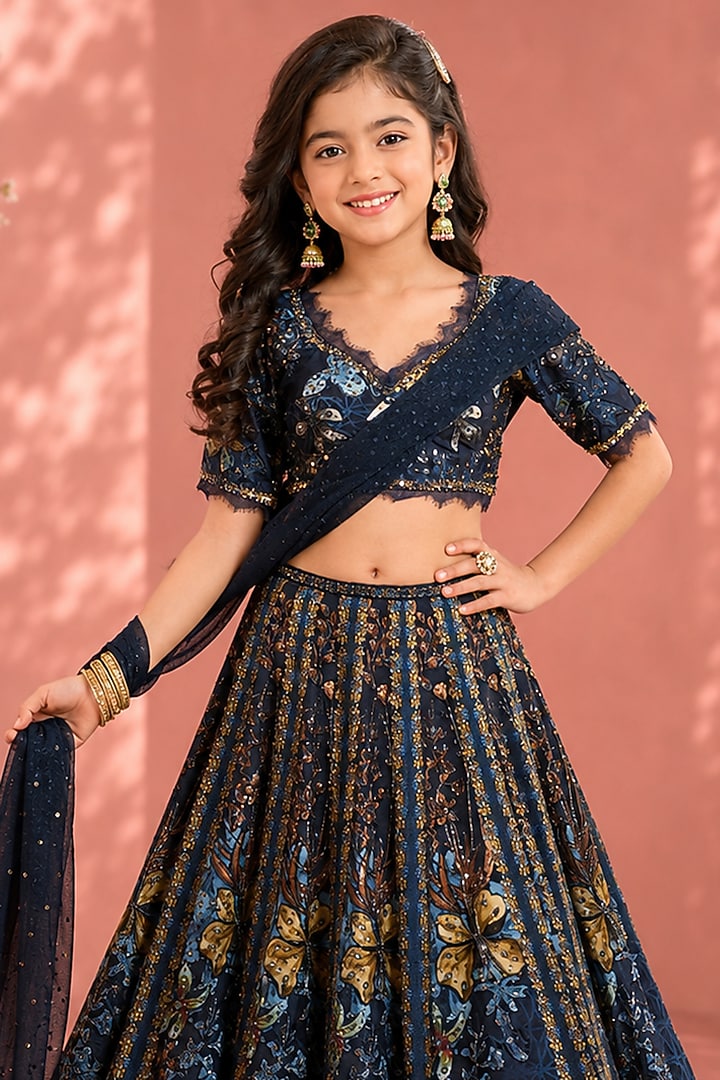 Blue Silk & Net Hand Embroidered Lehenga Set For Girls by Neha Khullar Kids at Pernia's Pop Up Shop
