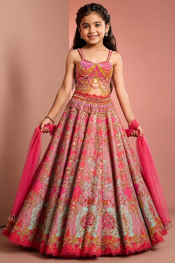 Pink Silk & Net Mirror Embellished Lehenga Set For Girls by Neha Khullar Kids at Pernia's Pop Up Shop