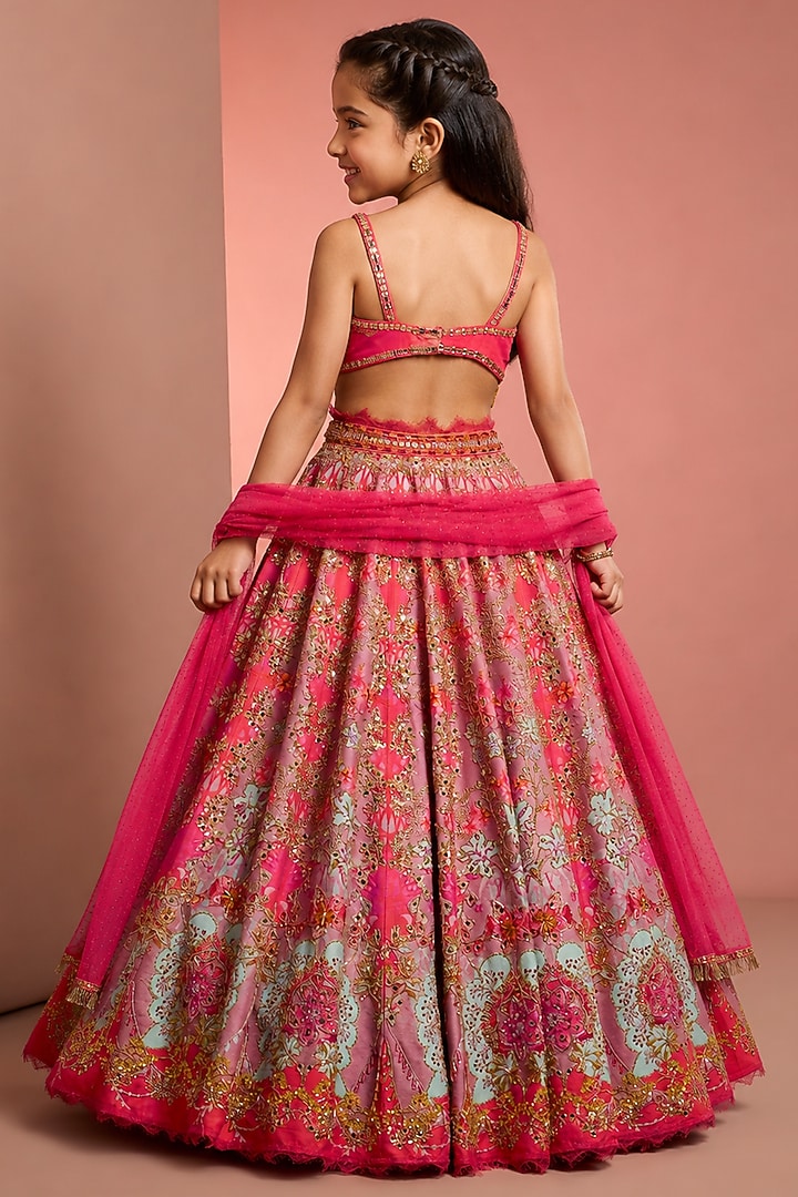 Pink Silk & Net Mirror Embellished Lehenga Set For Girls by Neha Khullar Kids at Pernia's Pop Up Shop