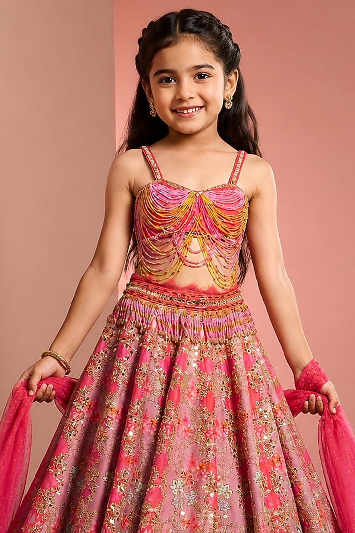 Pink Silk & Net Mirror Embellished Lehenga Set For Girls by Neha Khullar Kids at Pernia's Pop Up Shop