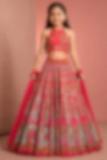 Pink Silk Floral Printed & Embroidered Lehenga Set For Girls by Neha Khullar Kids at Pernia's Pop Up Shop