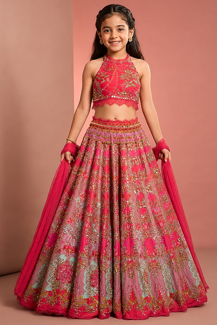 Pink Silk Floral Printed & Embroidered Lehenga Set For Girls by Neha Khullar Kids at Pernia's Pop Up Shop