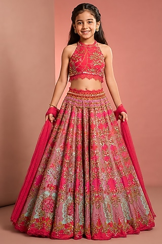 Pink Silk Floral Printed & Embroidered Lehenga Set For Girls by Neha Khullar Kids